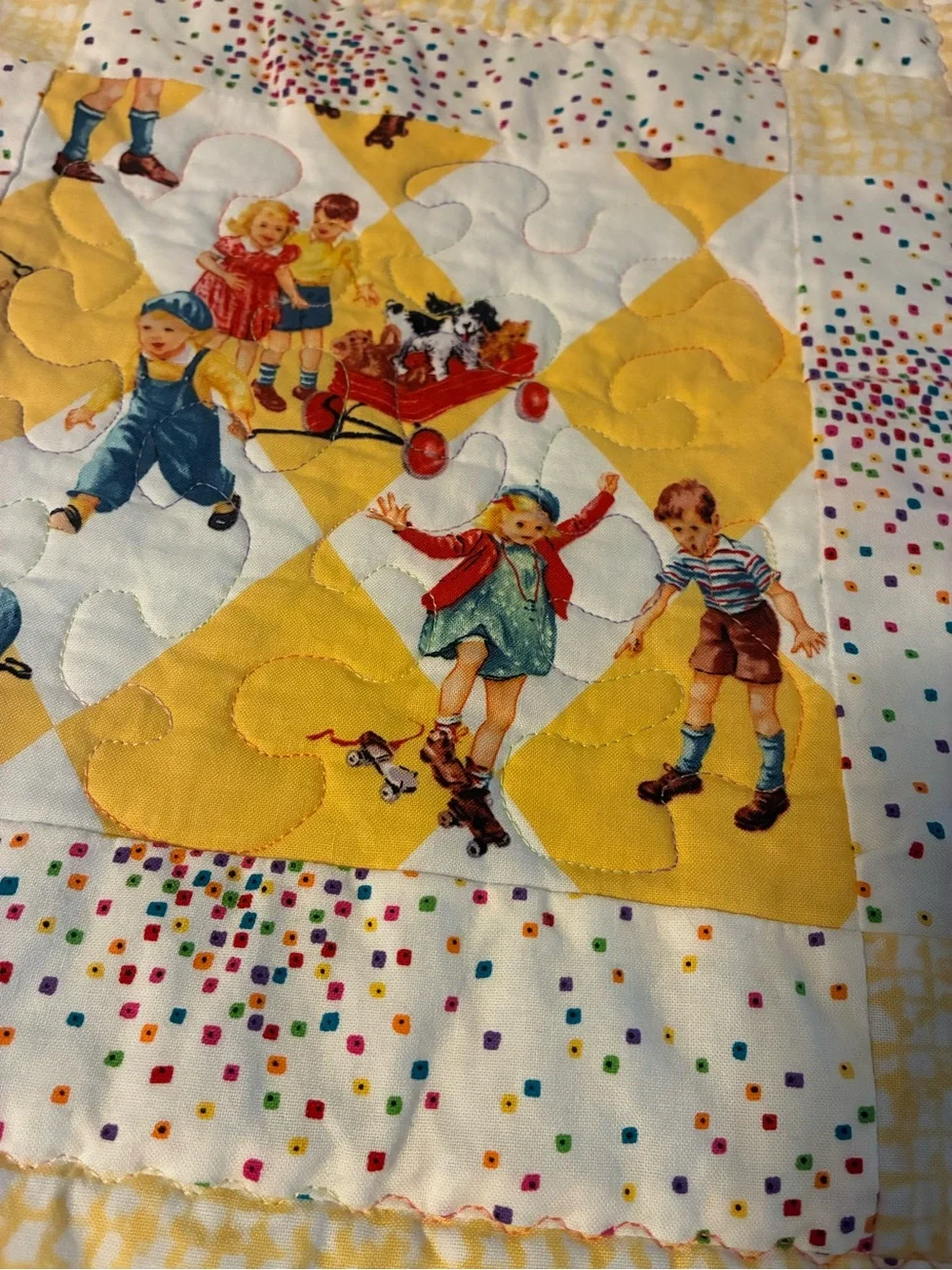 Vintage-Style Yellow Patchwork Dick & Jane Child’s Quilt